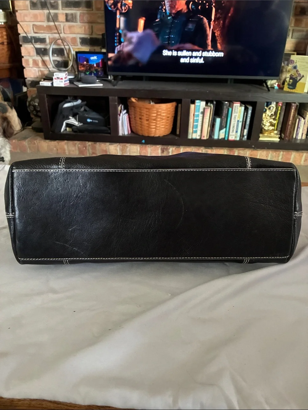 Kenneth Cole Black Leather Tote Bag with Contrast Stitching